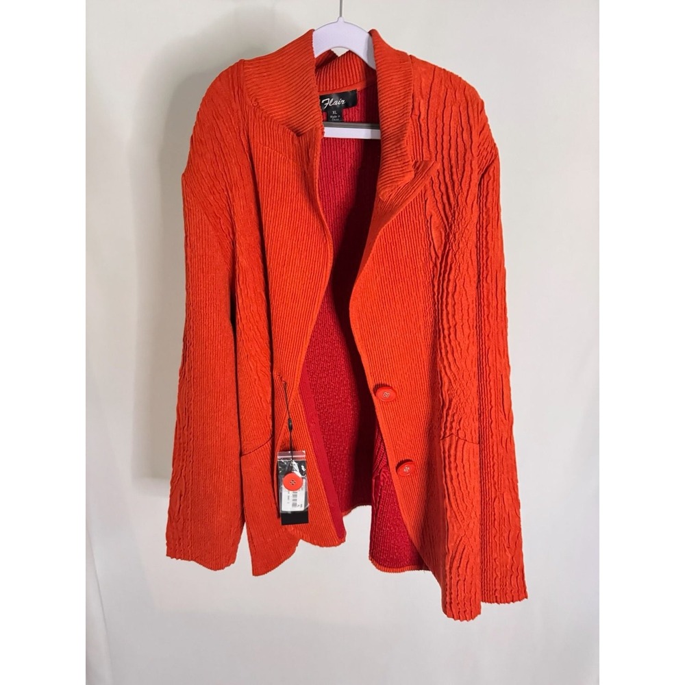 Flair - Cardigan Jacket Textured Knit Button Front - Orange - XL - Womens